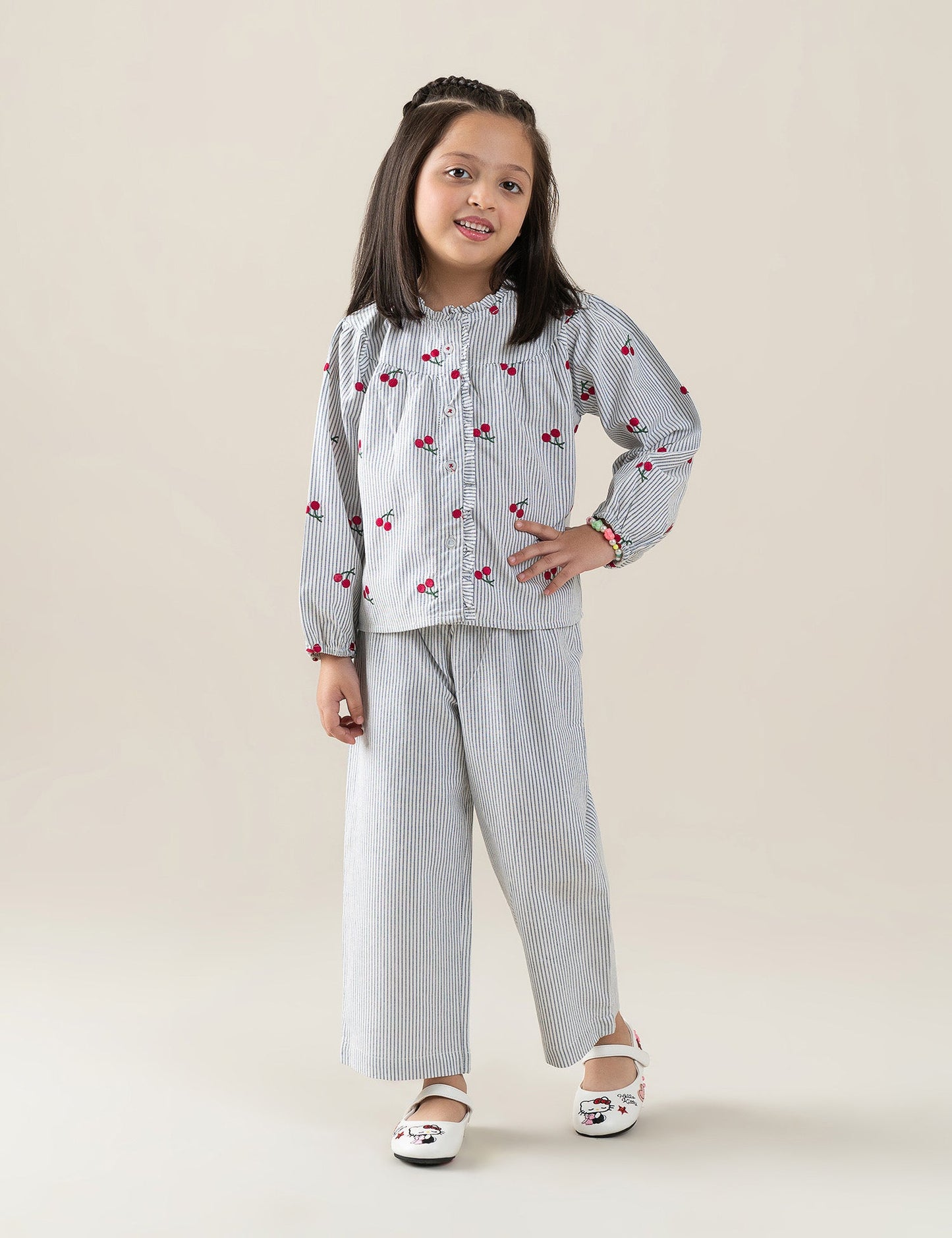 2 PIECE CHERRY PRINTED STRIPED SUIT