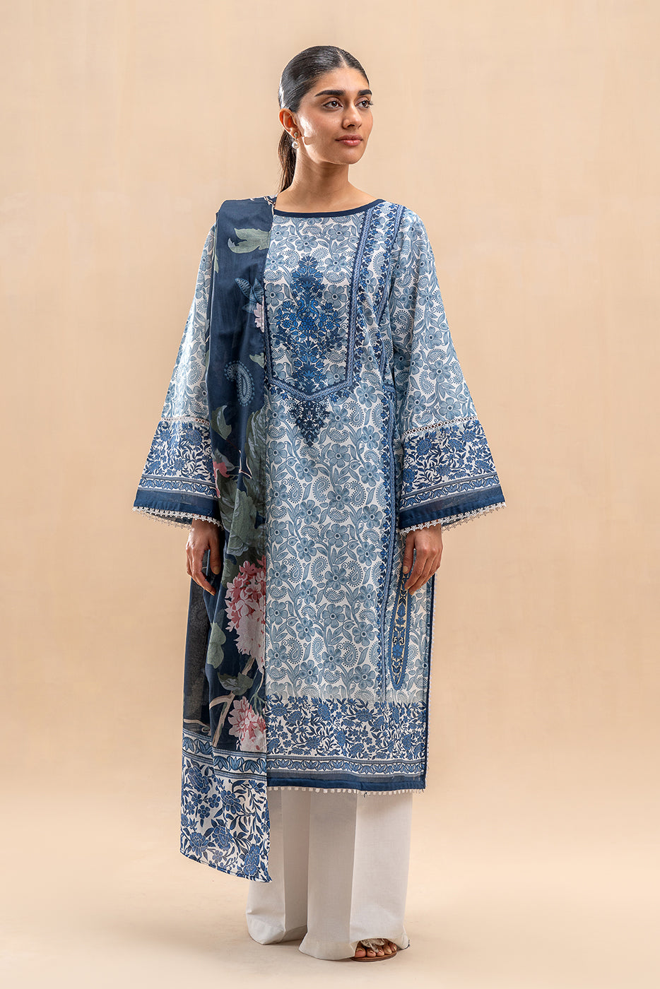 3 PIECE PRINTED LAWN SUIT-AZURE DUSK (UNSTITCHED)