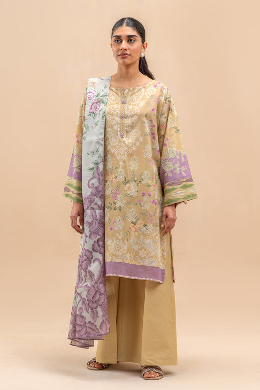 3 PIECE PRINTED LAWN SUIT-LIME GARDEN (UNSTITCHED)