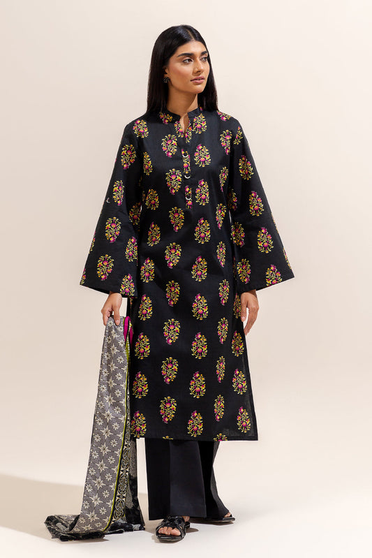 3 PIECE PRINTED LAWN SUIT-TRIBAL COAL (UNSTITCHED)