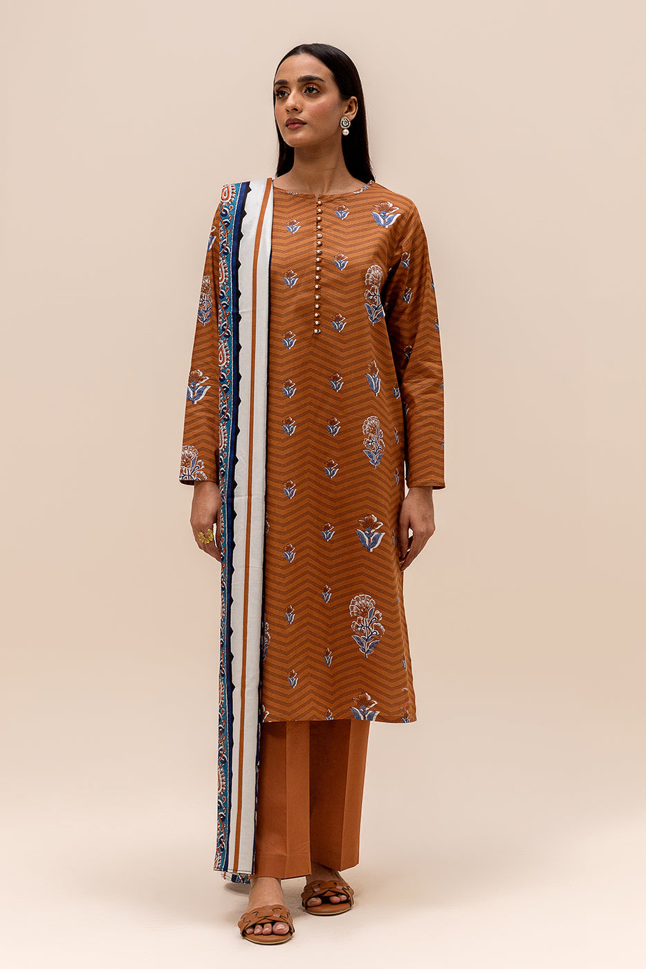 3 PIECE PRINTED LAWN SUIT-OCHRE BLOOM (UNSTITCHED)