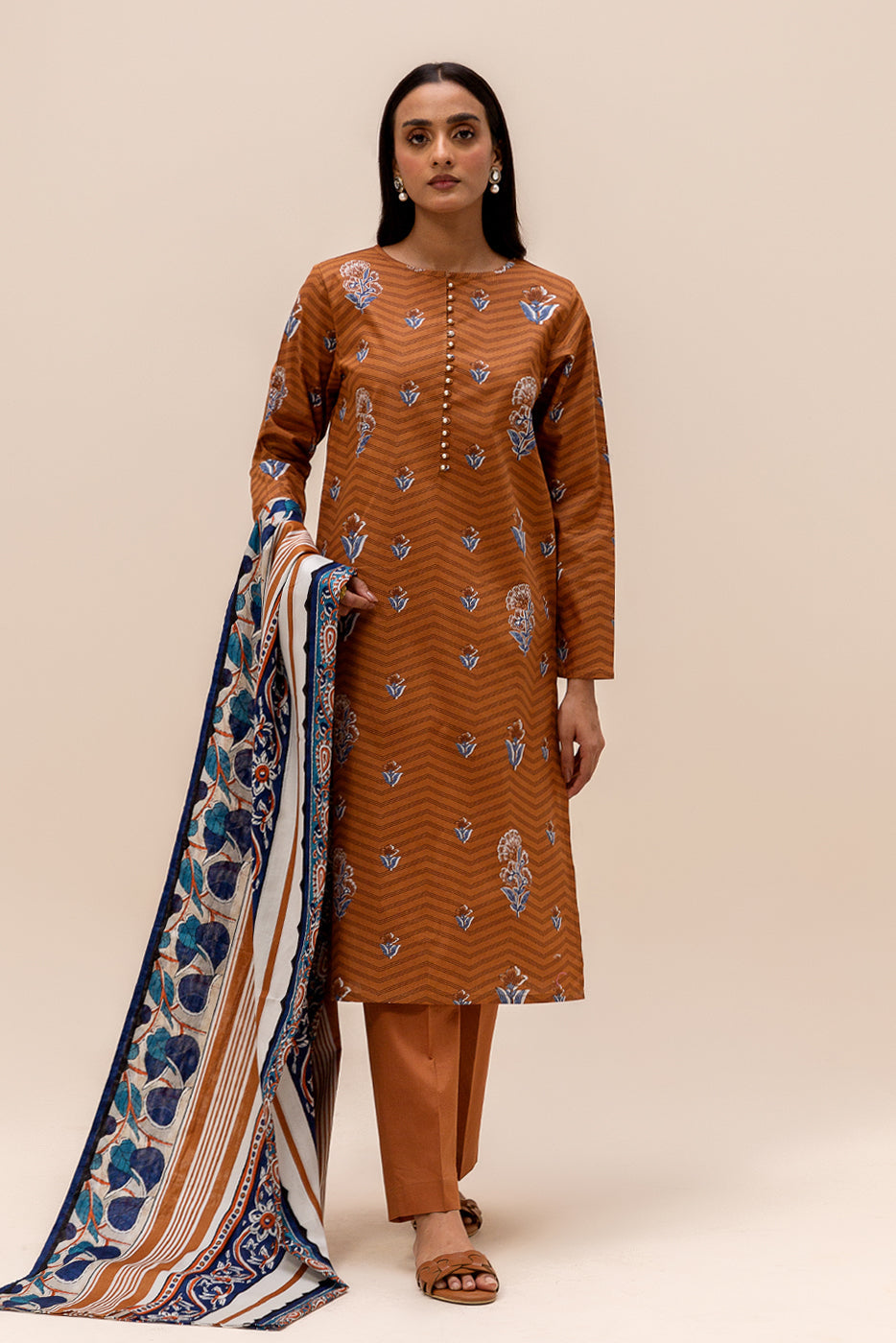 3 PIECE PRINTED LAWN SUIT-OCHRE BLOOM (UNSTITCHED)