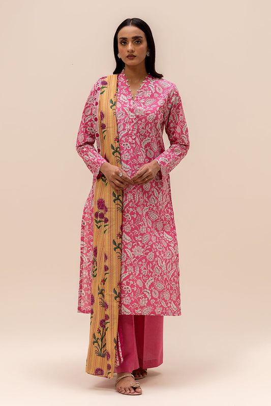 3 PIECE PRINTED LAWN SUIT-PINK BLISS (UNSTITCHED)