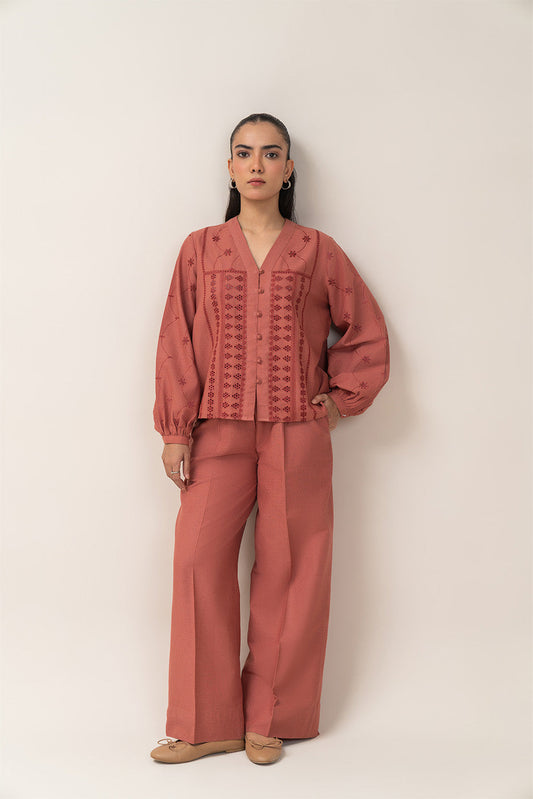 V-NECK EMBROIDERED CO-ORD SET