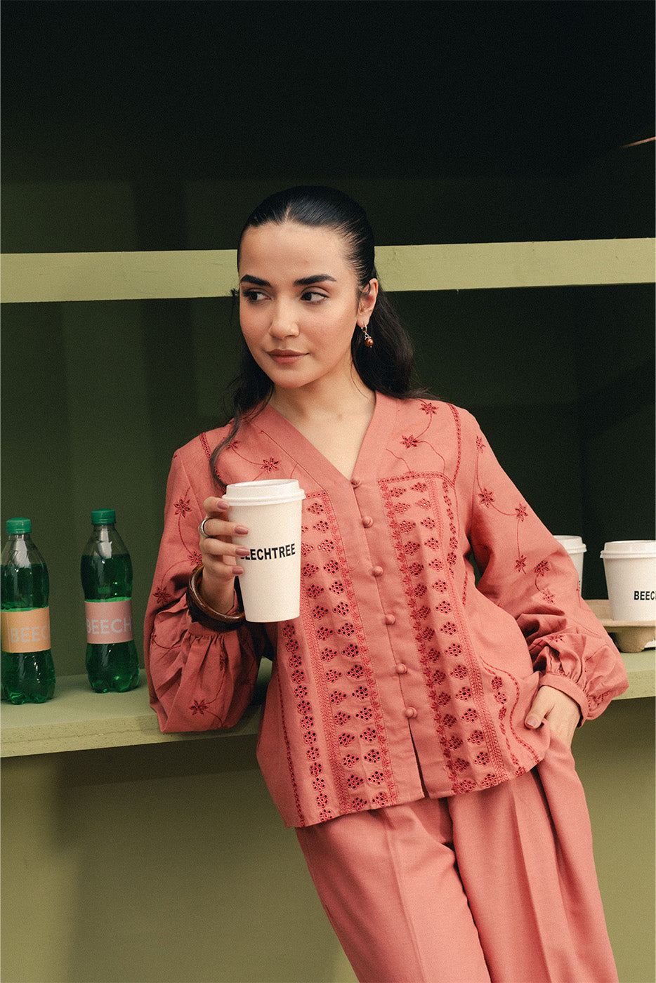 V-NECK EMBROIDERED CO-ORD SET