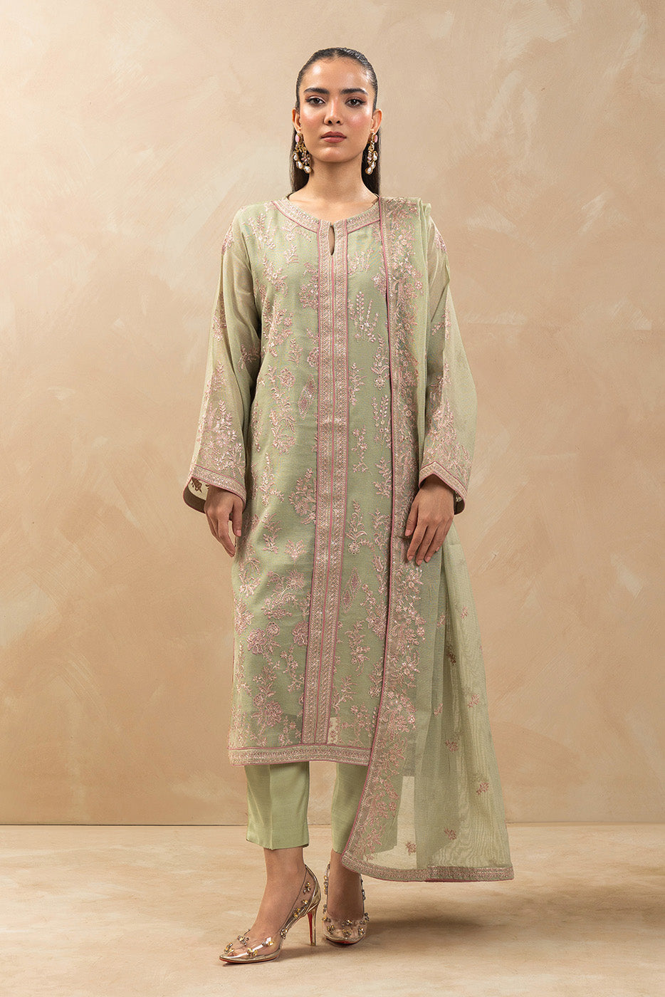 3 PIECE EMBROIDERED COTTON NET SUIT (LUXURY-PRET)