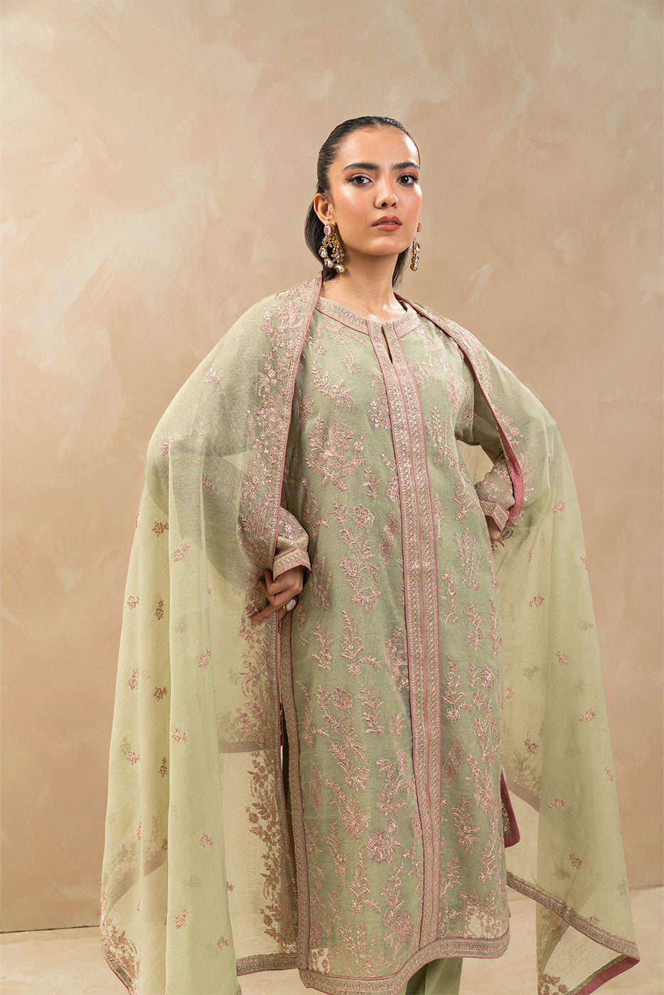 3 PIECE EMBROIDERED COTTON NET SUIT (LUXURY-PRET)