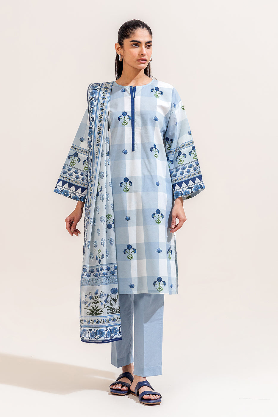 3 PIECE PRINTED LAWN SUIT-TRIBAL GRID (UNSTITCHED)