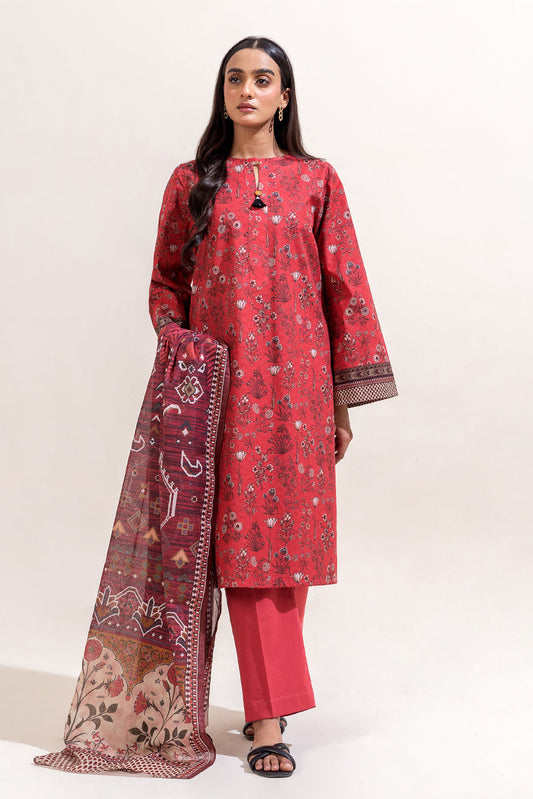 3 PIECE PRINTED LAWN SUIT-ROUGE BUNCH (UNSTITCHED)