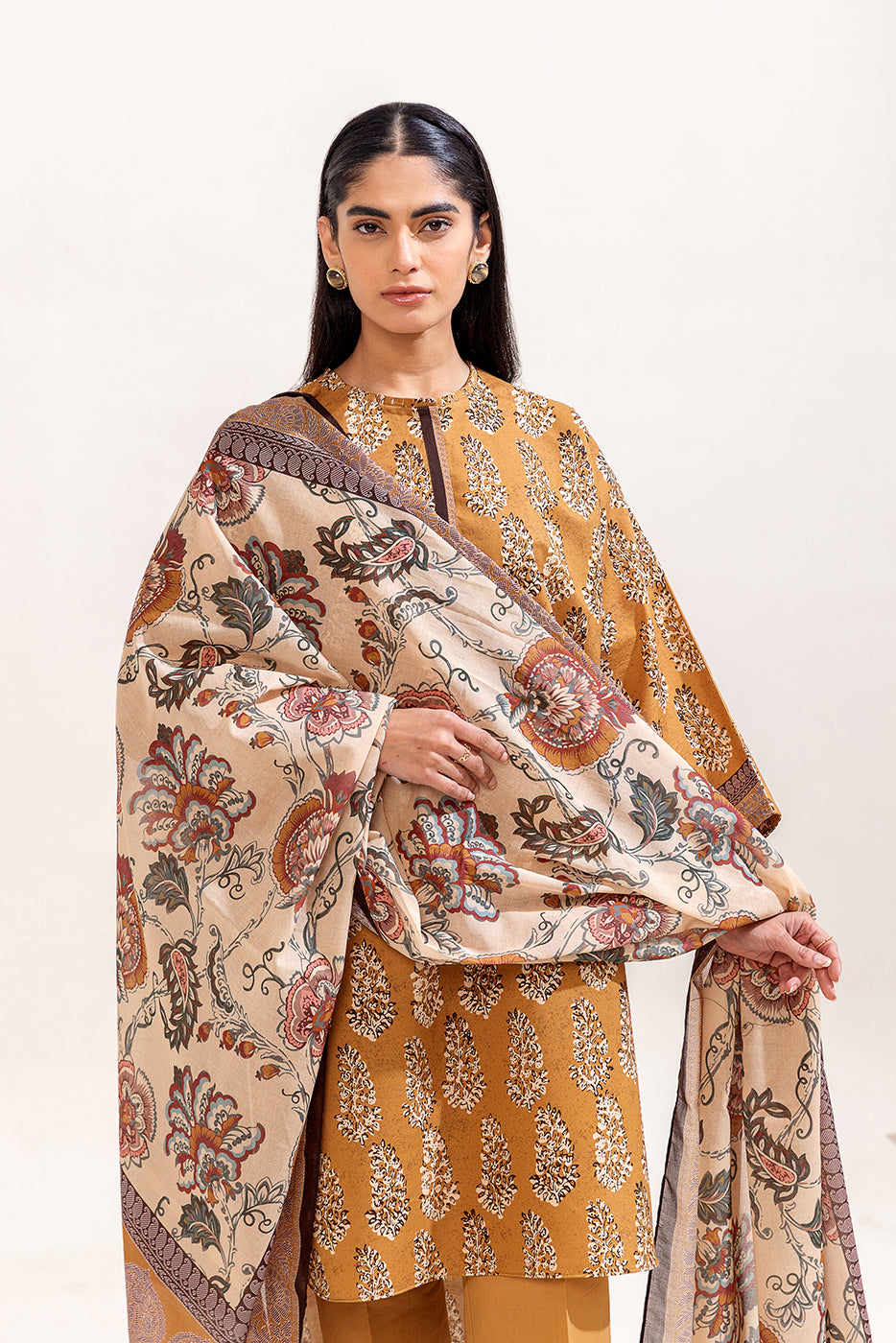 3 PIECE PRINTED LAWN SUIT-MUSTARD HUES (UNSTITCHED)