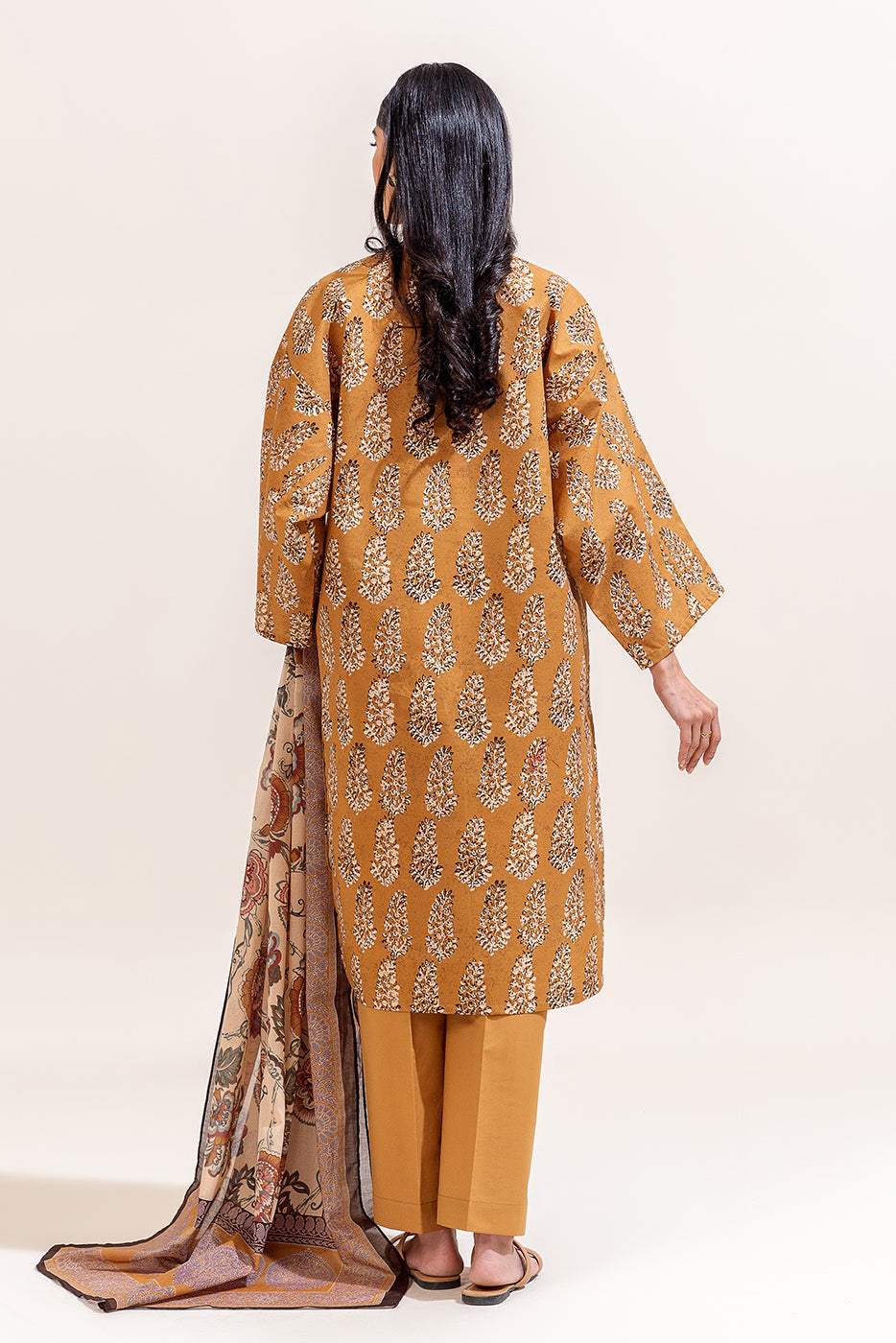 3 PIECE PRINTED LAWN SUIT-MUSTARD HUES (UNSTITCHED)