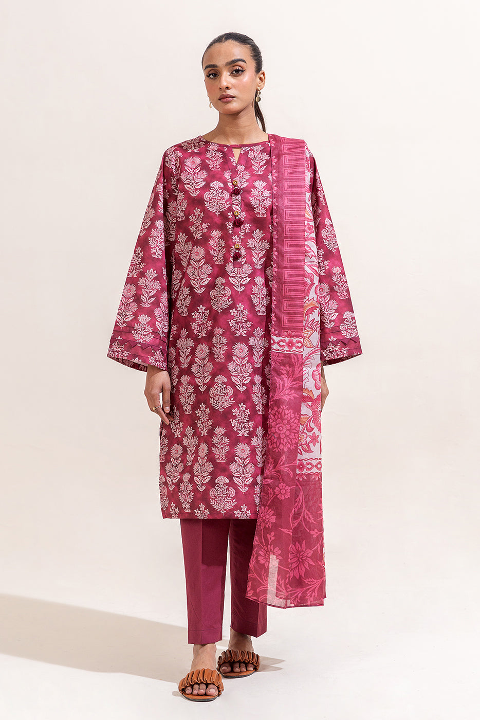 3 PIECE PRINTED LAWN SUIT-RASPBERRY SORBET (UNSTITCHED)