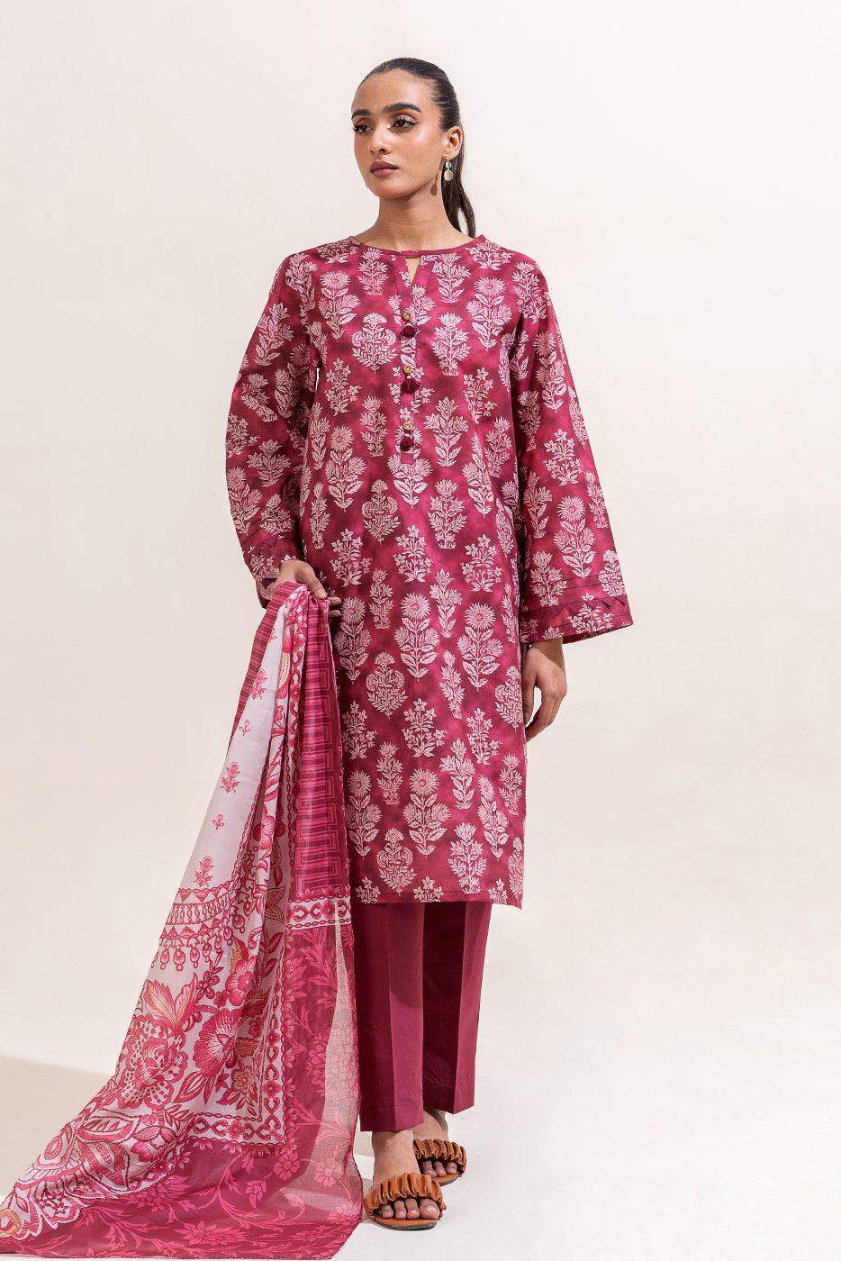 3 PIECE PRINTED LAWN SUIT-RASPBERRY SORBET (UNSTITCHED)