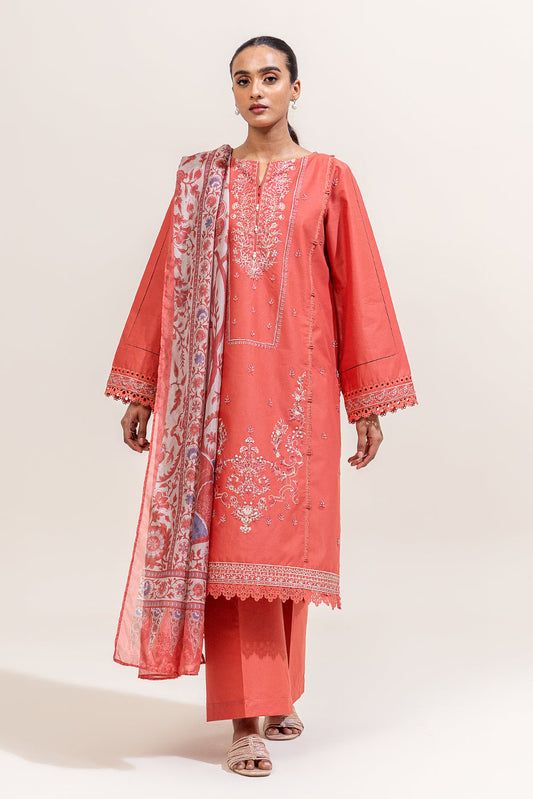 3 PIECE EMBROIDERED LAWN SUIT-CORAL MUSE (UNSTITCHED)