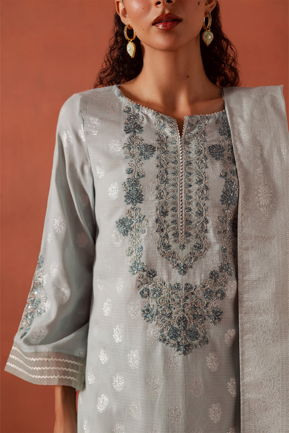3 PIECE EMBROIDERED LUREX JACQUARAD  SUIT-CLOUD AURA (UNSTITCHED)