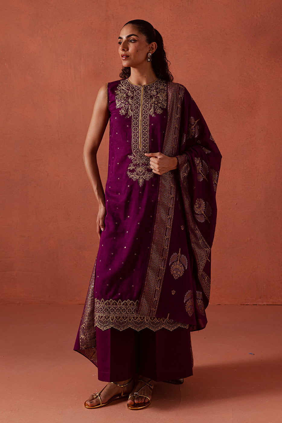 3 PIECE EMBROIDERED LUREX JACQUARAD  SUIT-SOLSTICE MOON (UNSTITCHED)