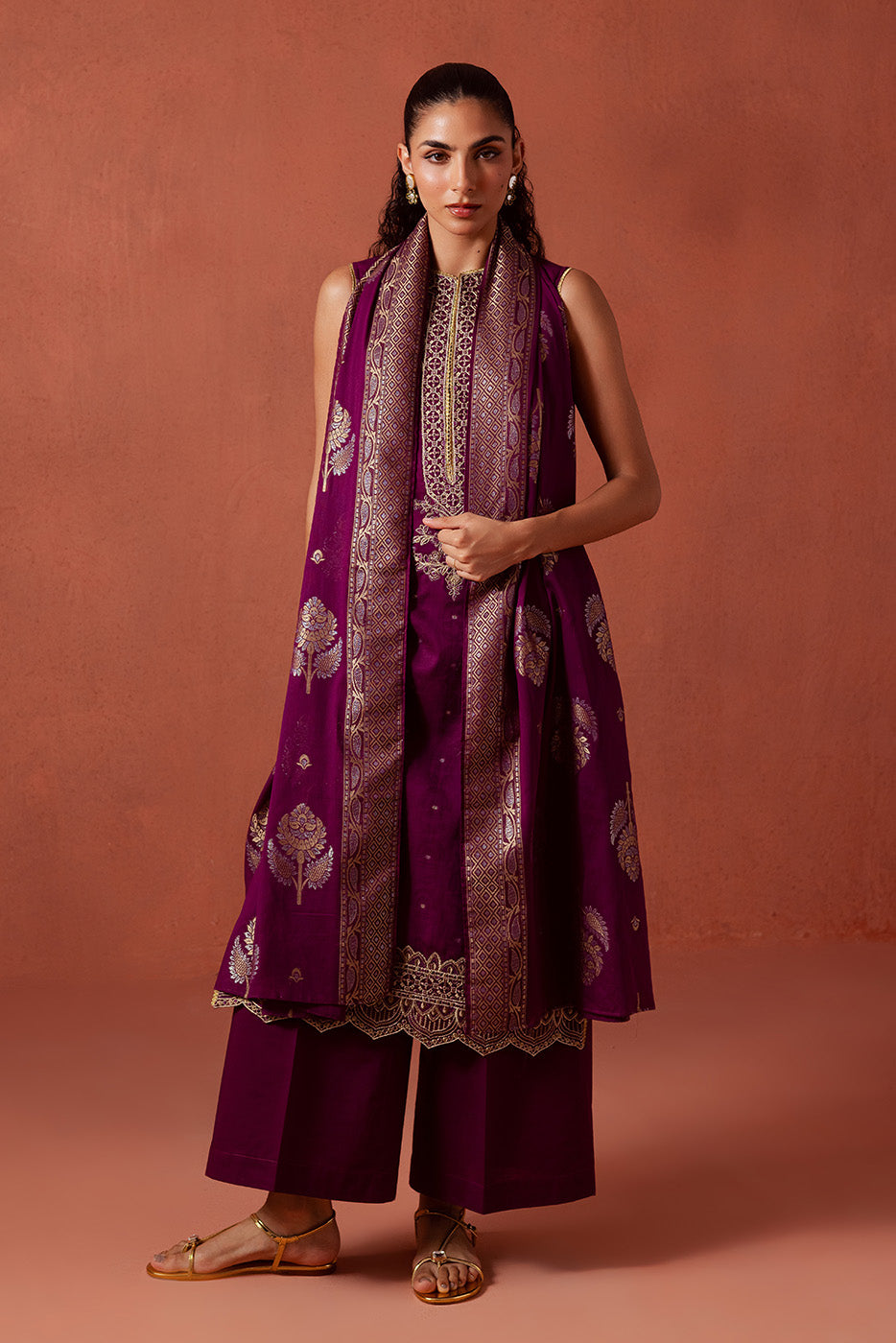 3 PIECE EMBROIDERED LUREX JACQUARAD  SUIT-SOLSTICE MOON (UNSTITCHED)