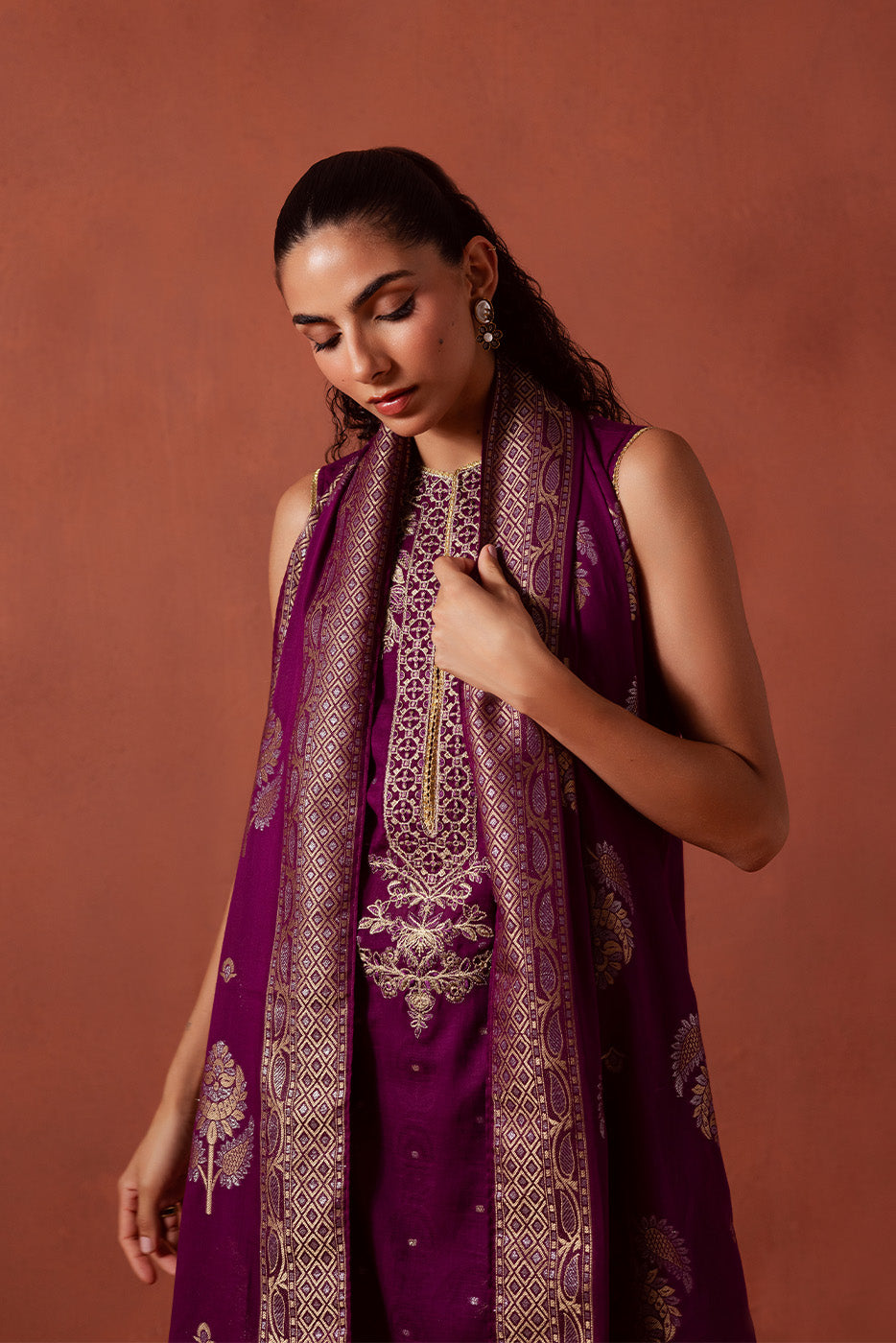 3 PIECE EMBROIDERED LUREX JACQUARAD  SUIT-SOLSTICE MOON (UNSTITCHED)