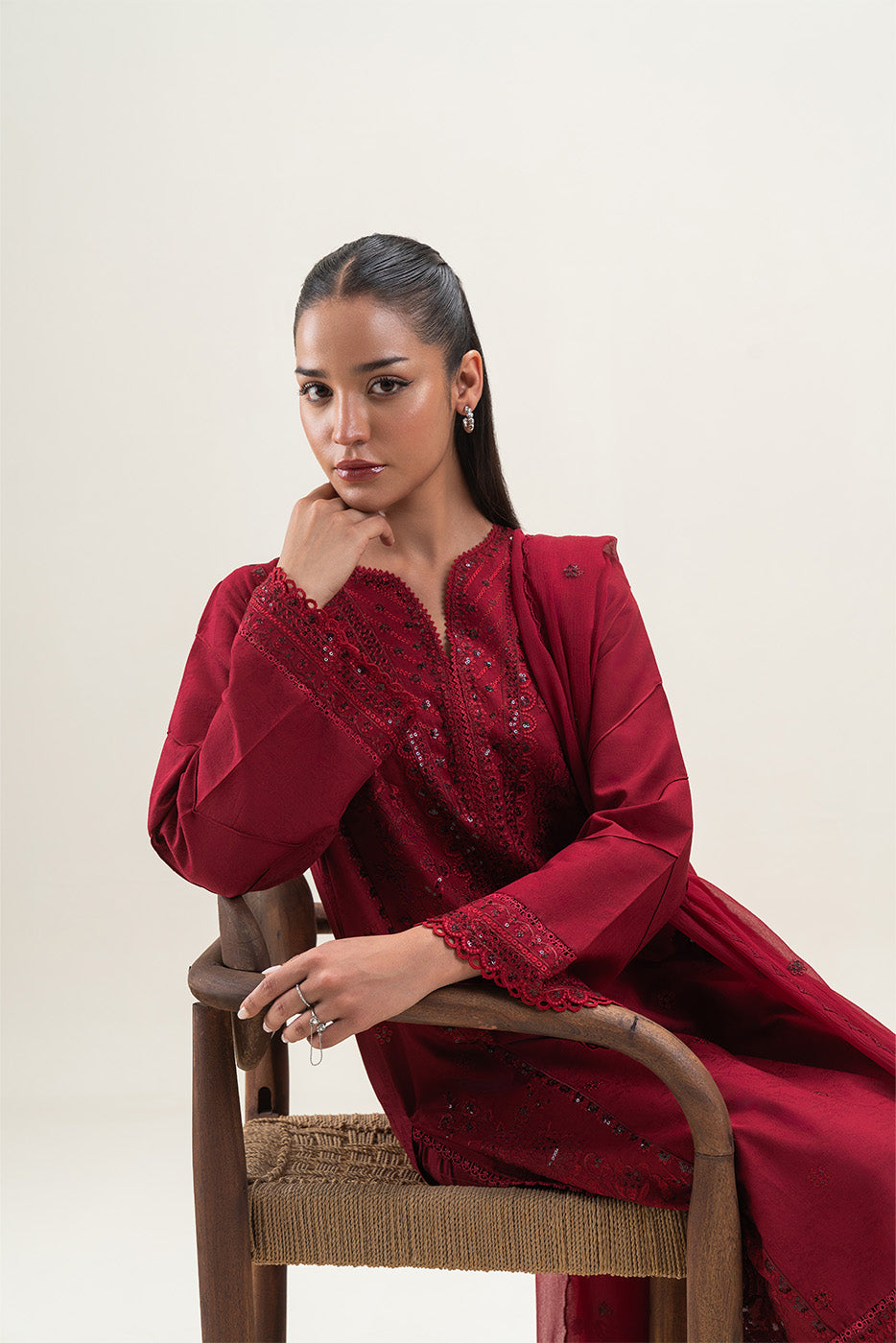 3 PIECE EMBROIDERED SELF JACQUARD SUIT-CHERRY MERLOT (UNSTITCHED)