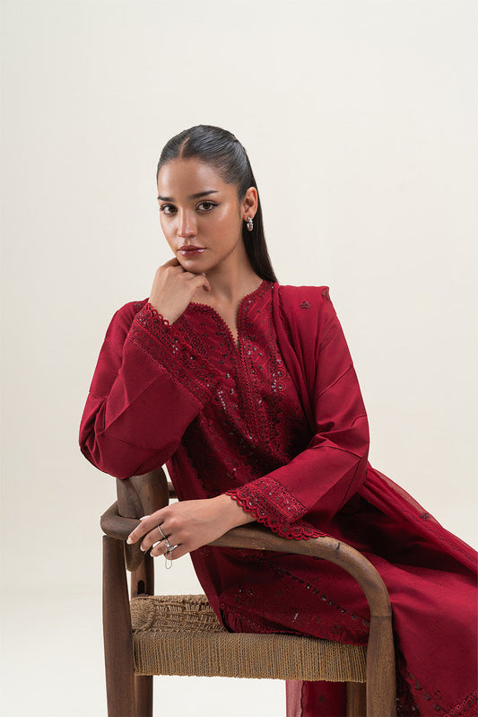 3 PIECE EMBROIDERED SELF JACQUARD SUIT-CHERRY MERLOT (UNSTITCHED)