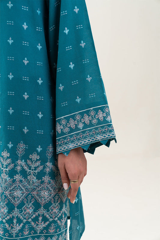 2 PIECE EMBROIDERED  JACQUARD SUIT-MIDNIGHT LAGOON (UNSTITCHED)