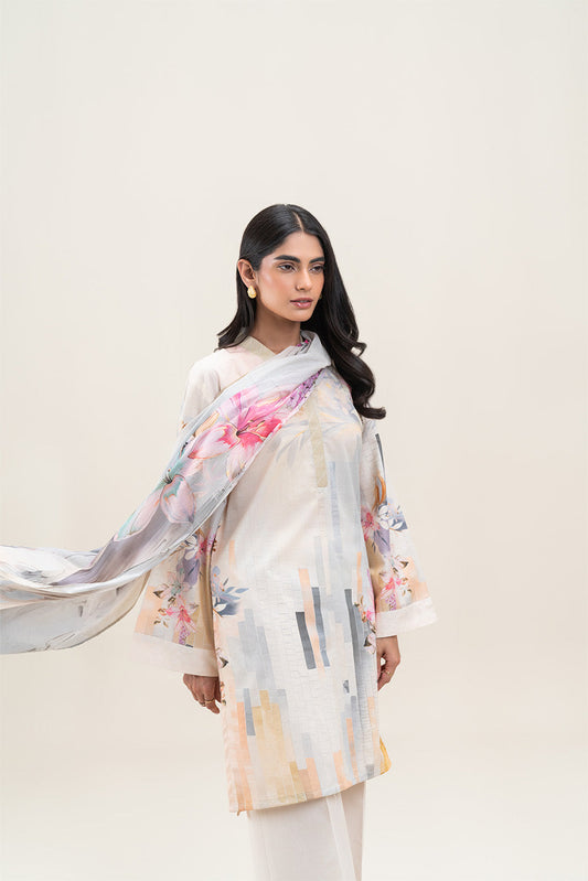 3 PIECE PRINTED LAWN LAWN SUIT-CERULEAN GRID (UNSTITCHED)