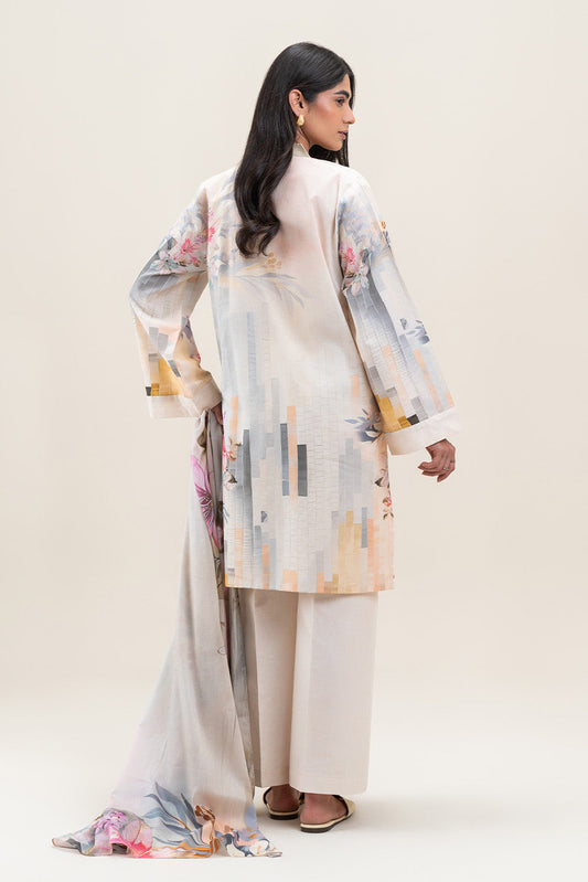 3 PIECE PRINTED LAWN LAWN SUIT-CERULEAN GRID (UNSTITCHED)