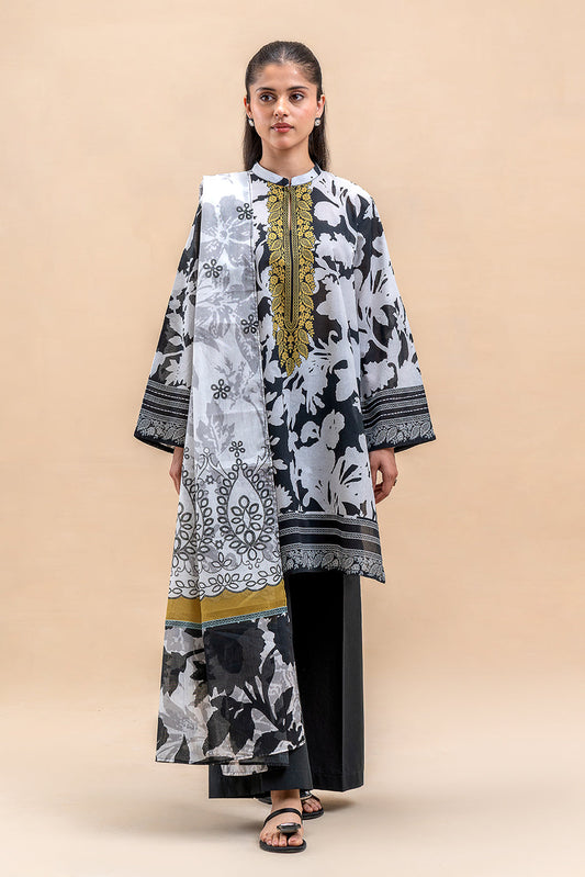 3 PIECE PRINTED LAWN SUIT-SABLE MIST (UNSTITCHED)