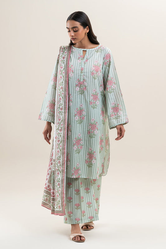 3 PIECE PRINTED LAWN SUIT-MINT BLOOM (UNSTITCHED)