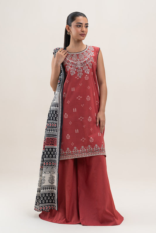 3 PIECE EMBROIDERED LAWN SUIT-CARMINE GLOW (UNSTITCHED)