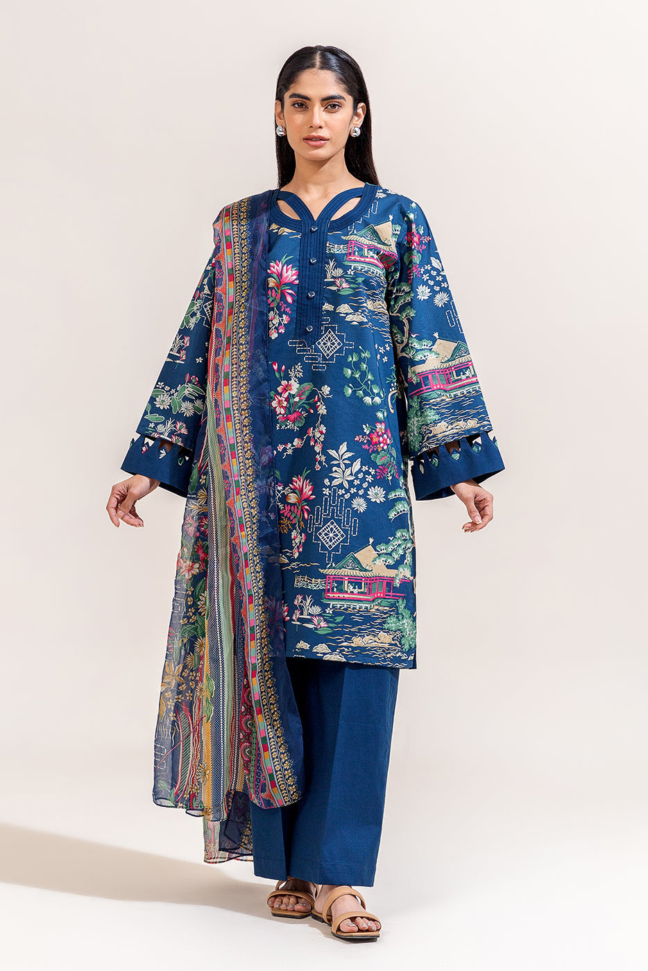 3 PIECE PRINTED LAWN SUIT-CERULEAN FLUORESCENCE (UNSTITCHED)