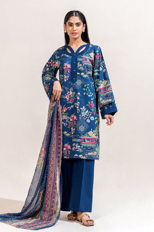 3 PIECE PRINTED LAWN SUIT-CERULEAN FLUORESCENCE (UNSTITCHED)