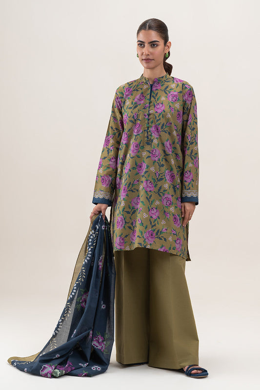 3 PIECE PRINTED LAWN SUIT-OLIVE MIST (UNSTITCHED)