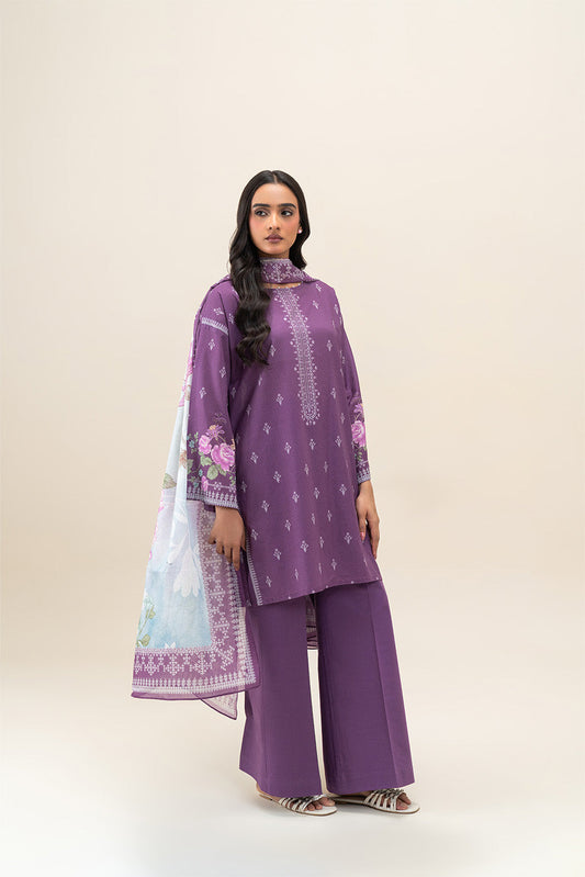 3 PIECE PRINTED LAWN SUIT-CARMIN ROSE (UNSTITCHED)