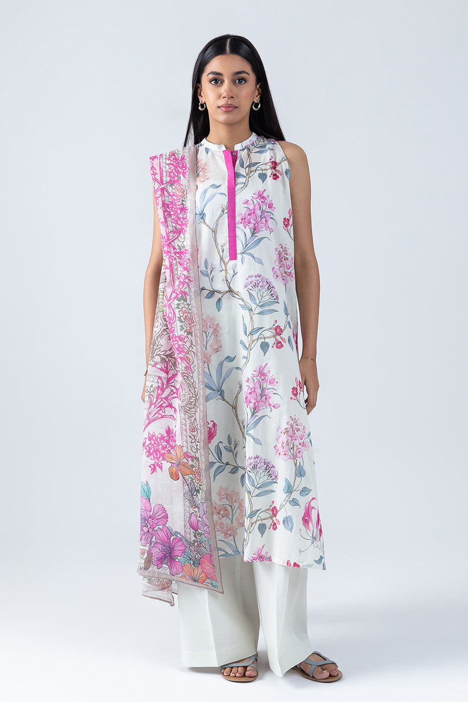 3 PIECE PRINTED LAWN SUIT-IVORY ORCHID (UNSTITCHED)