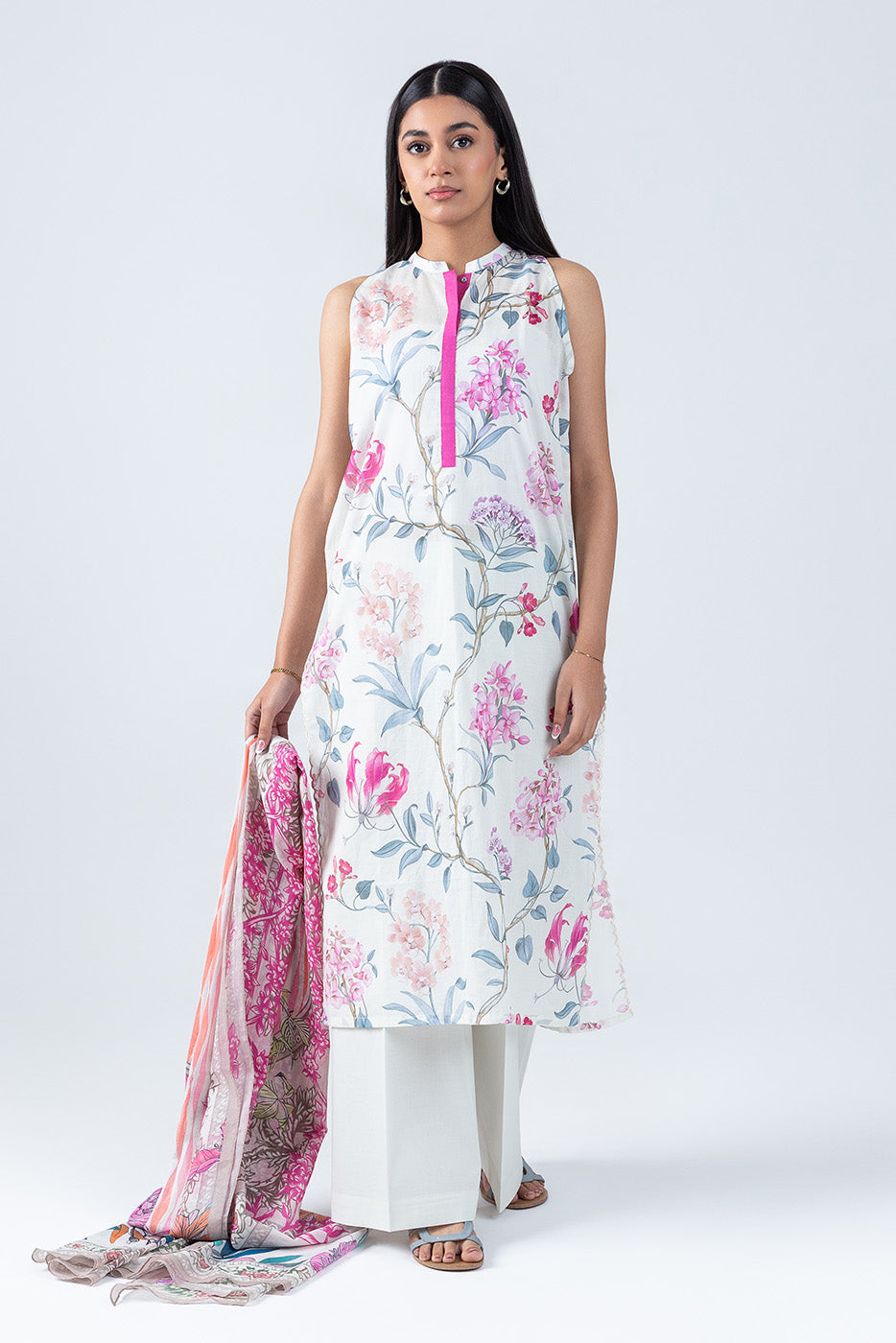 3 PIECE PRINTED LAWN SUIT-IVORY ORCHID (UNSTITCHED)