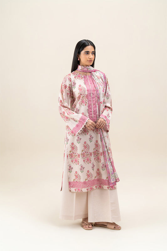3 PIECE PRINTED LAWN SUIT-CARMINE ROSE (UNSTITCHED)