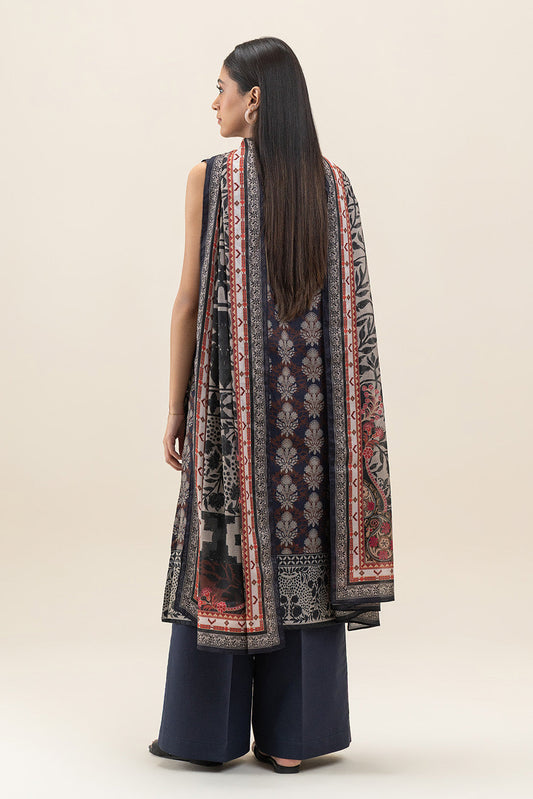 3 PIECE PRINTED LAWN SUIT-PITCH ASH (UNSTITCHED)