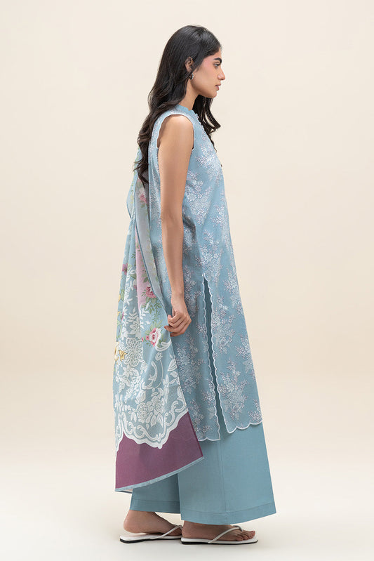 3 PIECE PRINTED LAWN SUIT-ICE BLUE (UNSTITCHED)