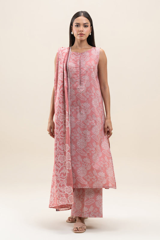 3 PIECE PRINTED LAWN SUIT-SALMON PEACH (UNSTITCHED)