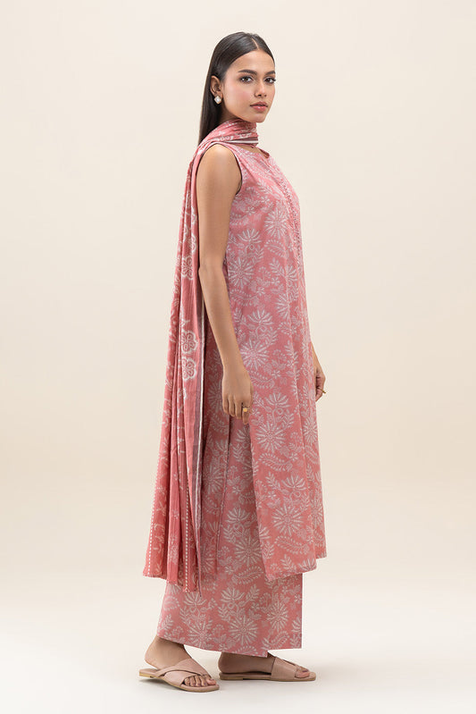 3 PIECE PRINTED LAWN SUIT-SALMON PEACH (UNSTITCHED)