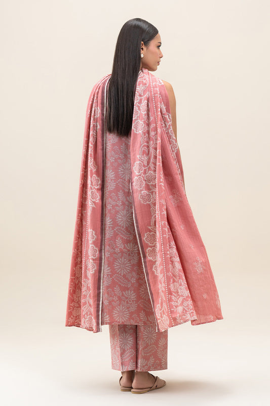 3 PIECE PRINTED LAWN SUIT-SALMON PEACH (UNSTITCHED)