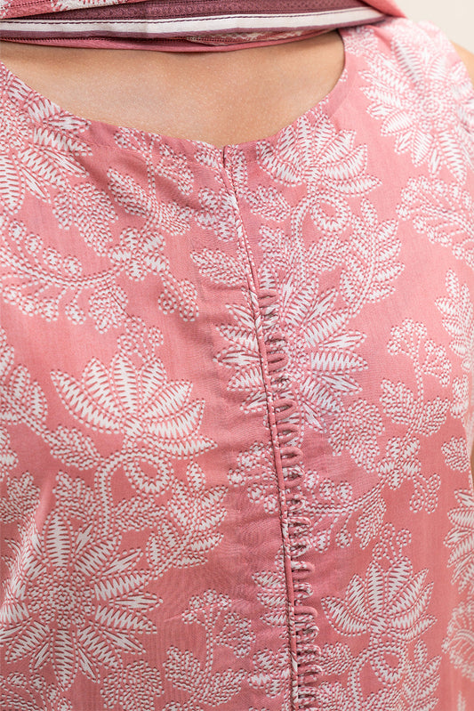 3 PIECE PRINTED LAWN SUIT-SALMON PEACH (UNSTITCHED)