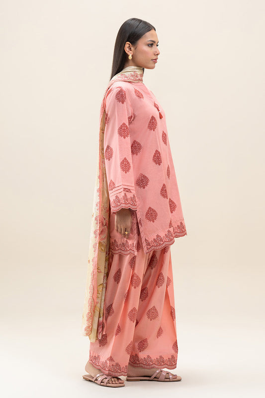 3 PIECE PRINTED LAWN SUIT-GLOOMY PEACH (UNSTITCHED)