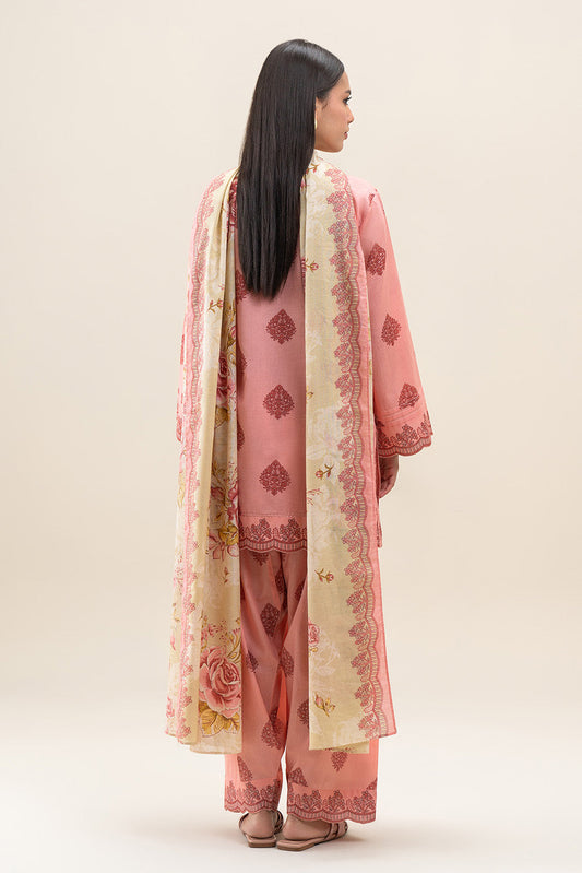 3 PIECE PRINTED LAWN SUIT-GLOOMY PEACH (UNSTITCHED)