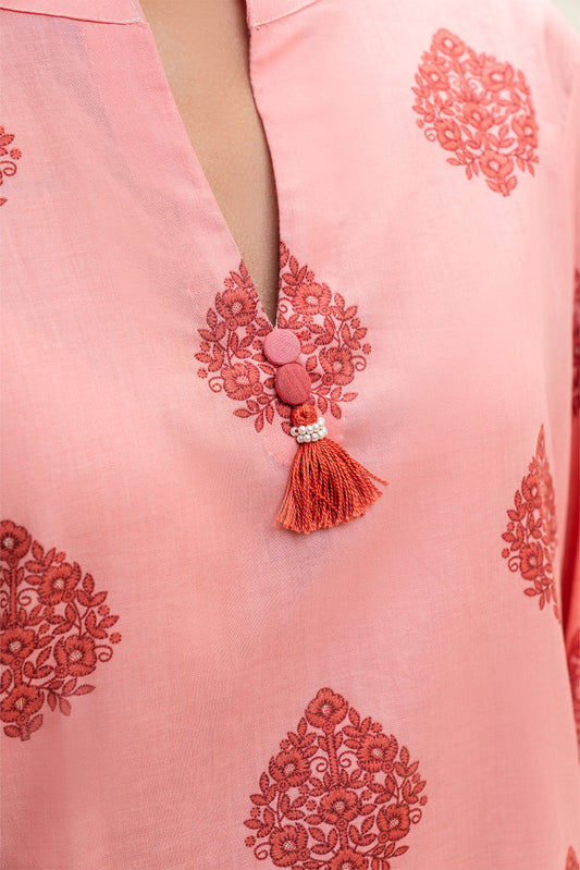 3 PIECE PRINTED LAWN SUIT-GLOOMY PEACH (UNSTITCHED)