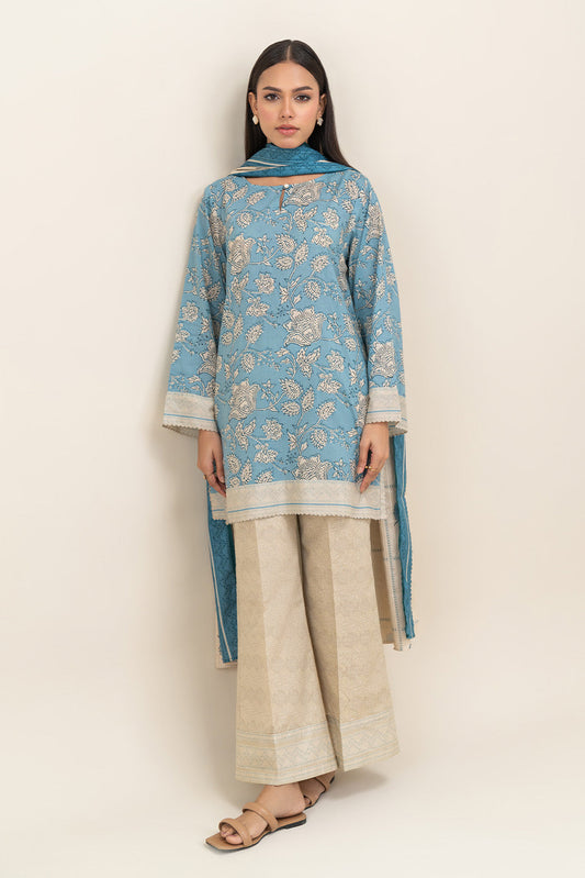 3 PIECE PRINTED LAWN SUIT-STEEL BLUE (UNSTITCHED)