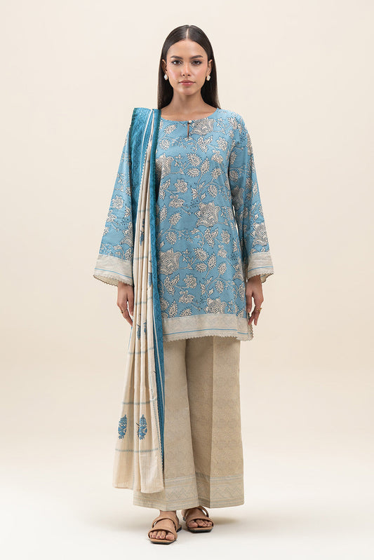 3 PIECE PRINTED LAWN SUIT-STEEL BLUE (UNSTITCHED)