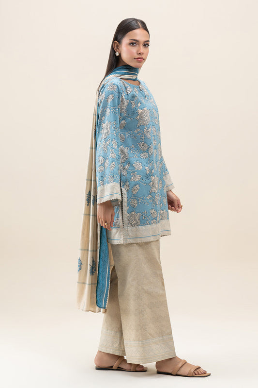3 PIECE PRINTED LAWN SUIT-STEEL BLUE (UNSTITCHED)