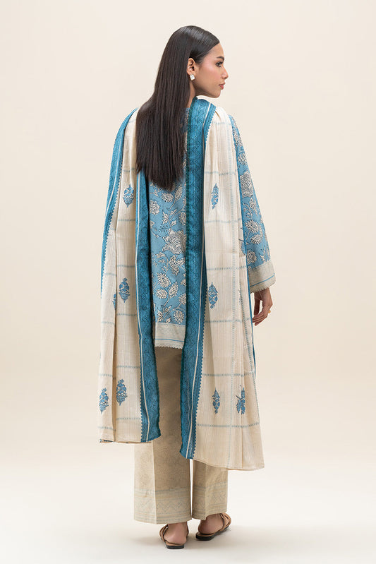 3 PIECE PRINTED LAWN SUIT-STEEL BLUE (UNSTITCHED)